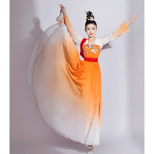 Women Girls Orange Gradient Colored Chinese Folk Dance Dresses Hanfu Princess Performance Chinese Folk Dance Costumes Ancient Tradional Fan Umbrella Dance Clothes